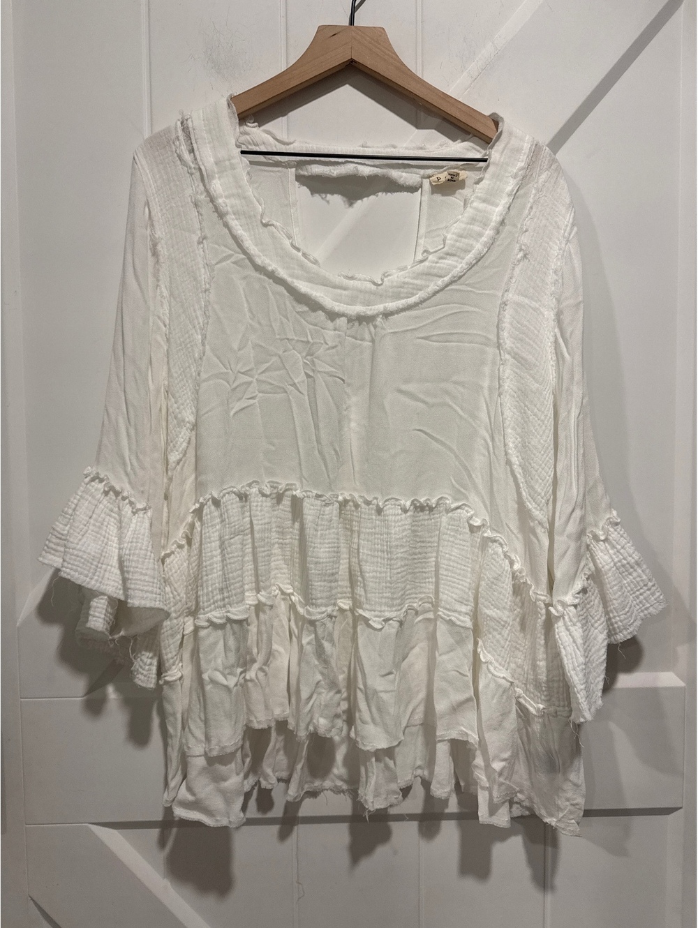 POL Women's White Rayon and Cotton Contrast Ruffle Blouse, Size S